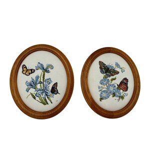 Embroidery  Butterfly Iris Floral Wall Oval Frames 9" Cottagecore Grannycore